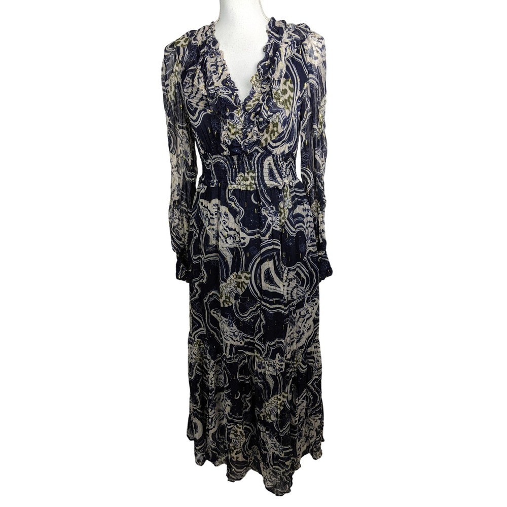 Anthropologie Printer Johnson V-Neck Textured Floral Metallic Midi Dress Small